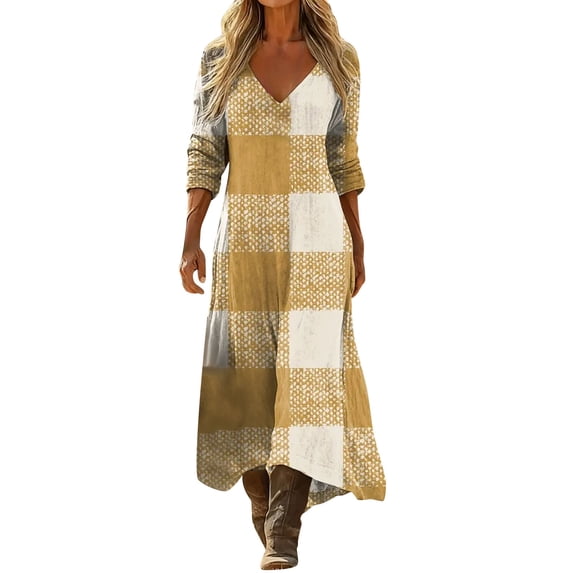 QSAWXQZ Women's Boho Plaid Maxi Dress V Neck Long Sleeve Casual Loose Flowy A-Line Shirt Sun Dress for Beach Vacation Outfit L