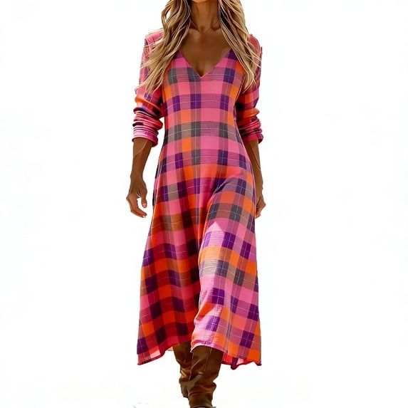 QSAWXQZ Women's Boho Plaid Maxi Dress V Neck Long Sleeve Casual Loose Flowy A-Line Shirt Sun Dress for Beach Vacation Outfit S