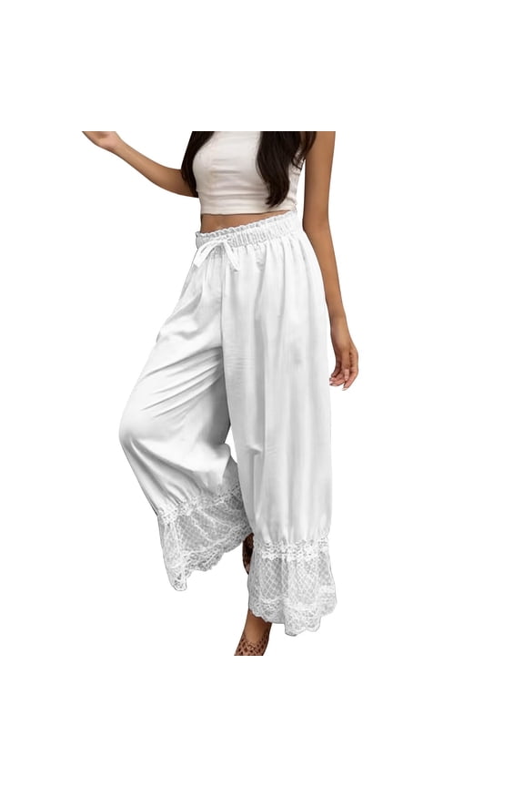 Women's Boho Wide Leg Pants Elastic Waist Lace Patchwork Ruffled Hem Vintage Vintage Loose Comfortable Soft Lounge Wear Flowy Trousers M