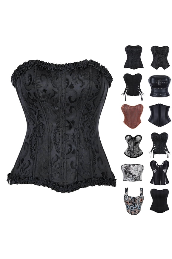 Women's Boned Corset Top Strapless Front Hook-and-Eye Closure Back Lace Up Faux Leather Waist Trainer Bustier Support for Party M
