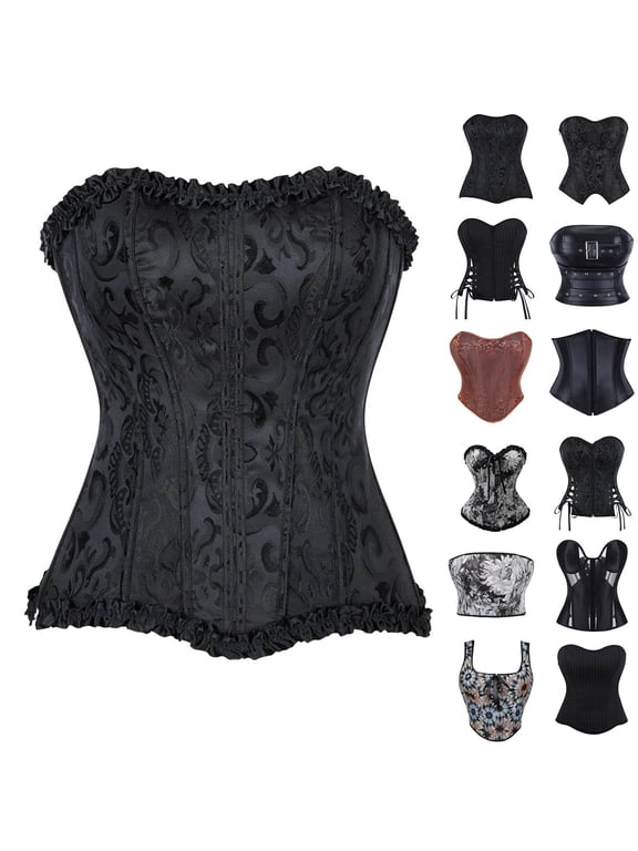 Women's Boned Corset Top Strapless Front Hook-and-Eye Closure Back Lace Up Faux Leather Waist Trainer Bustier Support for Party XL