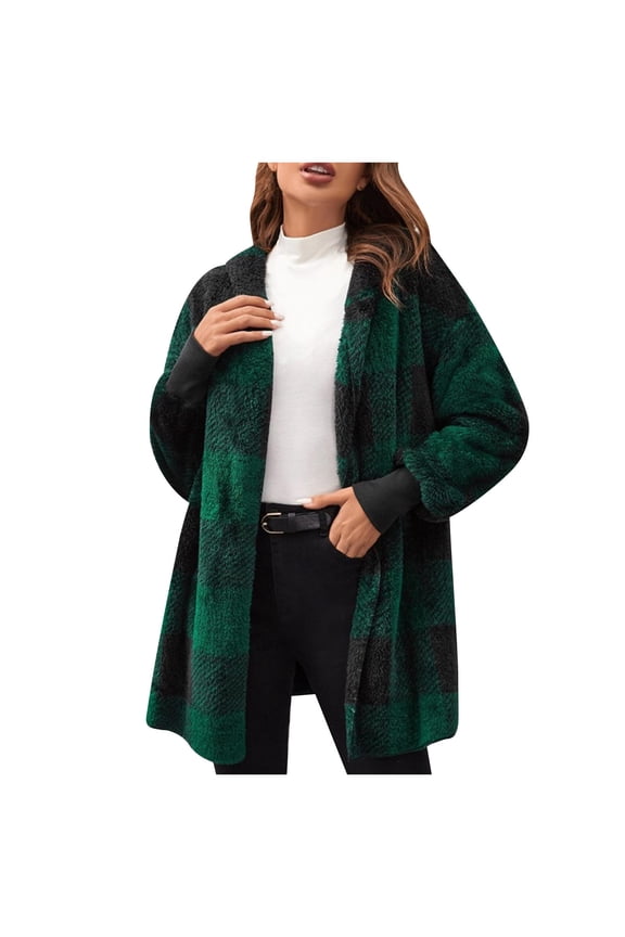 Women's Buffalo Plaid Coat Hooded Fleece Long Sleeve Warm Open Front Cardigan Jacket Olive Green 4XL