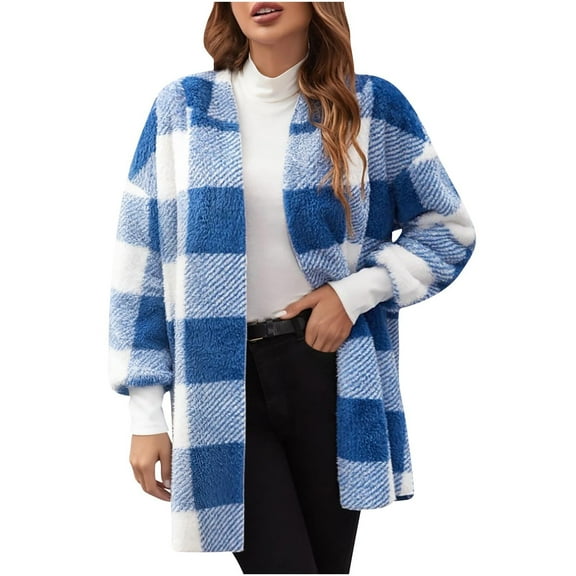 QSAWXQZ Women's Buffalo Plaid Coat Hooded Fleece Long Sleeve Warm Open Front Cardigan Jacket Sky Blue 4XL
