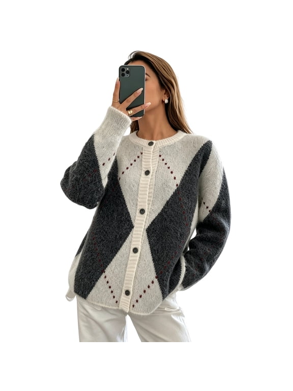 Women's Button Down Cardigan Sweater Long Sleeve Argyle Jacquard Relaxed Knit Outerwear S