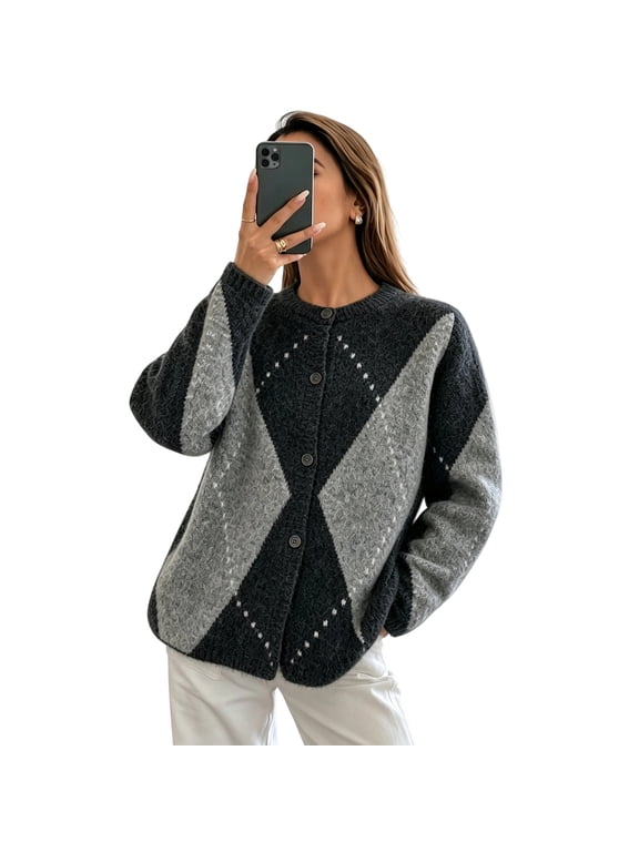 Women's Button Down Cardigan Sweater Long Sleeve Argyle Jacquard Relaxed Knit Outerwear S