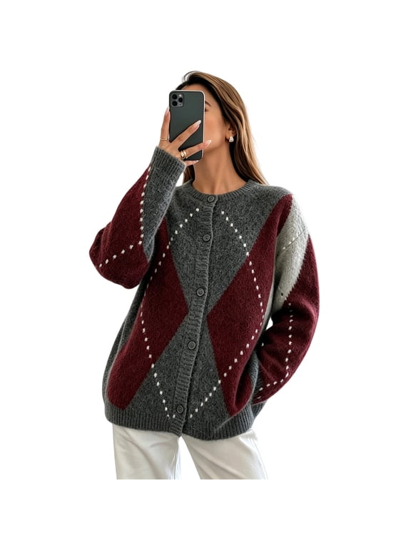 Women's Button Down Cardigan Sweater Long Sleeve Argyle Jacquard Relaxed Knit Outerwear S