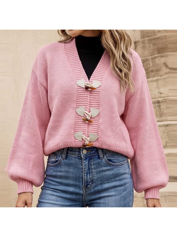 Women's Cardigan Sweater Toggle Button V Neck Long Sleeve Cable Knit Casual Outerwear L