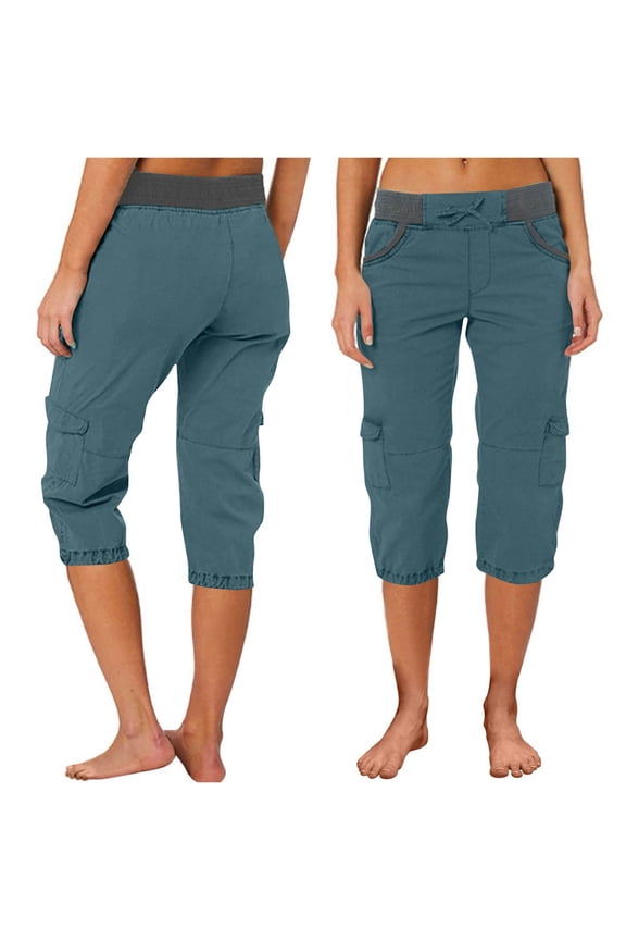 Women's Cargo Pants Outdoor Hiking Capris with Pockets Lightweight Stretchy Twill Loose Pants Blue L