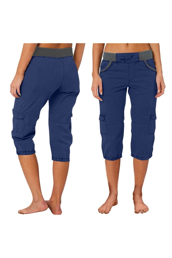 Women's Cargo Pants Outdoor Hiking Capris with Pockets Lightweight Stretchy Twill Loose Pants Navy S
