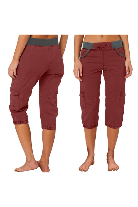 Women's Cargo Pants Outdoor Hiking Capris with Pockets Lightweight Stretchy Twill Loose Pants Wine XL