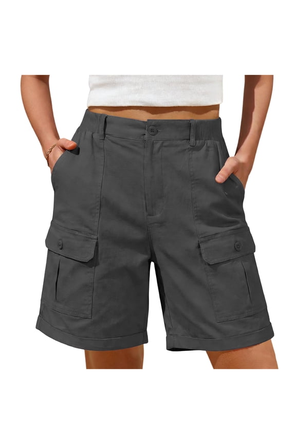 Women's Cargo Shorts Solid Button Fly Bermuda with Pockets for Hiking Camping Fishing Gray S