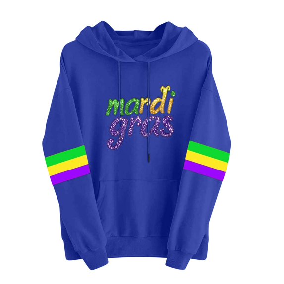 QSAWXQZ Women's Carnival Hoodie Drawstring Color Block Long Sleeve Letter Graphic Pullover Top with Pocket Blue M