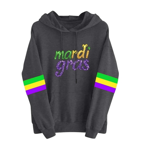 QSAWXQZ Women's Carnival Hoodie Drawstring Color Block Long Sleeve Letter Graphic Pullover Top with Pocket Dark Gray M