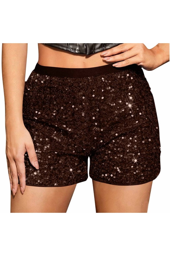 Women's Carnival Sequin Shorts Elastic High Waist Glitter Straight Leg Party Shorts for Festival Brown 2XL