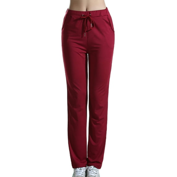 QSAWXQZ Women's Casual Yoga Pants with Pockets High Waisted Drawstring Athletic Workout Running Straight Leg Pants Soft Lounge Trousers Activewear Wine M