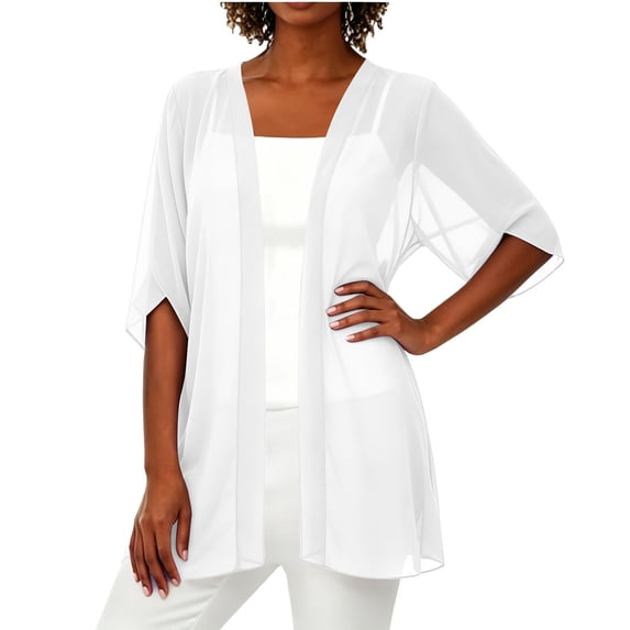 QSAWXQZ Women's Chiffon Cardigan Open Front 3/4 Bell Sleeve Sheer Lightweight Longline Shrugs Cover up 2XL