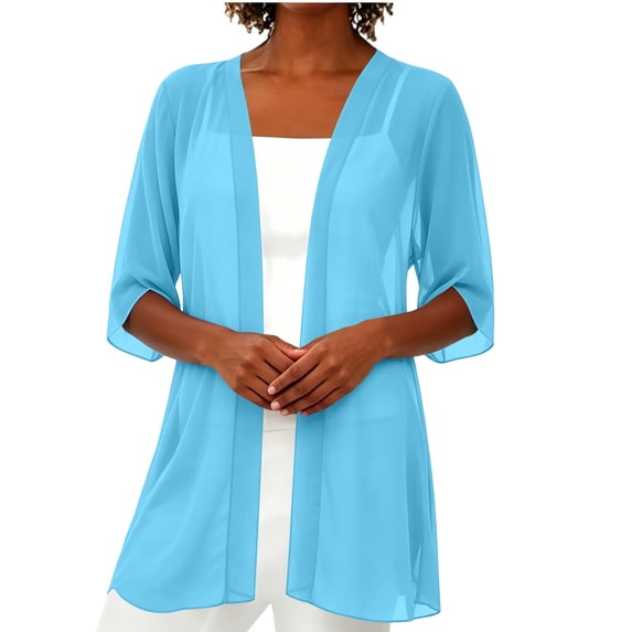 QSAWXQZ Women's Chiffon Cardigan Open Front 3/4 Bell Sleeve Sheer Lightweight Longline Shrugs Cover up L