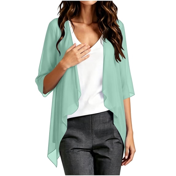QSAWXQZ Women's Chiffon Shrug Open Front 3/4 Sleeve Sheer Lightweight Cardigan M