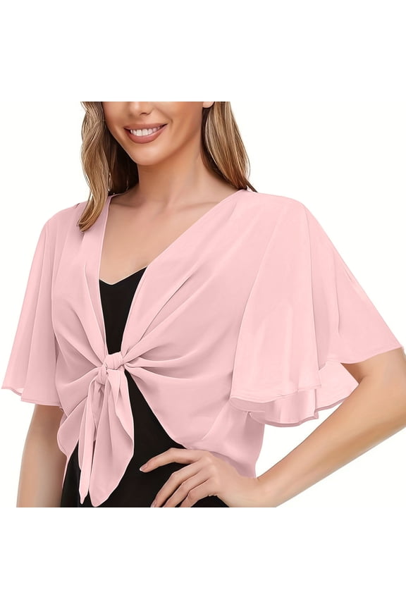 Women's Chiffon Tie Front Bolero Shrug Short Flared Sleeve Sheer Cropped Cardigan Cover Up Pink L