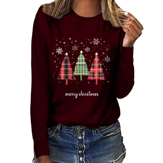 QSAWXQZ Women's Christmas Blouse Long Sleeve Crewneck Graphic Pullover Shirt for Spring Wine XL