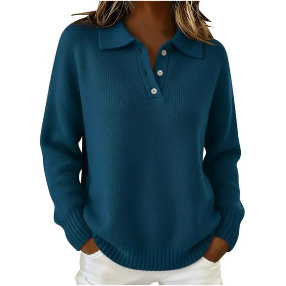 QSAWXQZ Women's Collared V Neck Pullover Sweater with Quarter Button Long Sleeve Solid Ribbed Knit Top Navy XL