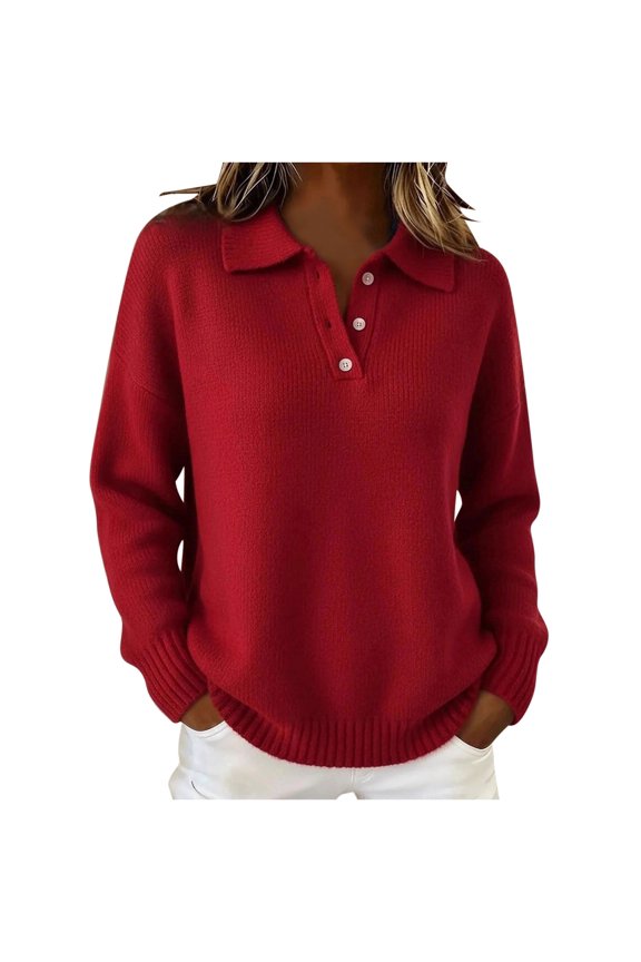 Women's Collared V Neck Pullover Sweater with Quarter Button Long Sleeve Solid Ribbed Knit Top Red 3XL
