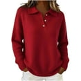 thumbnail image 1 of QSAWXQZ Women's Collared V Neck Pullover Sweater with Quarter Button Long Sleeve Solid Ribbed Knit Top Red S, 1 of 4