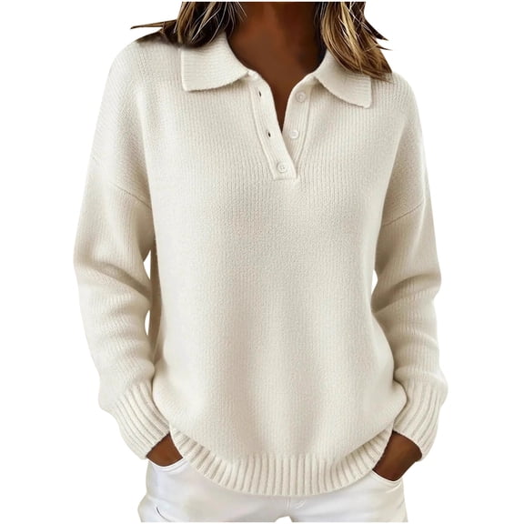 QSAWXQZ Women's Collared V Neck Pullover Sweater with Quarter Button Long Sleeve Solid Ribbed Knit Top White XL