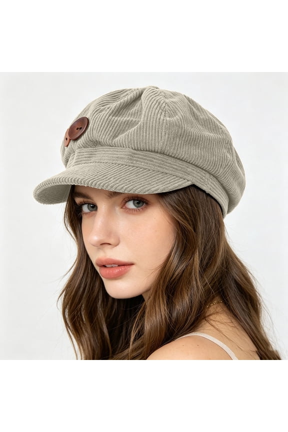 Women's Corduroy Newsboy Cap Octagonal Beret Button Brim Hat for Fall Free Size