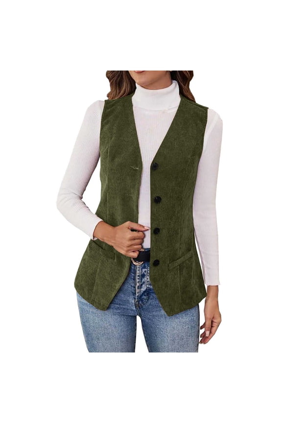 Women's Corduroy Vest Sleeveless V Neck Button Down Cardigan Solid Outerwear for Spring Olive Green XL
