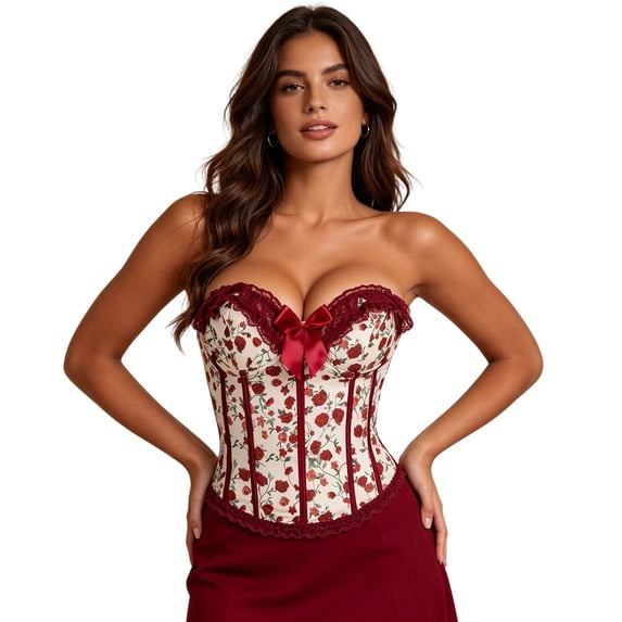 QSAWXQZ Women's Corset Top Strapless Floral Sweetheart Neck Brocade Ruffle Trim Waist Shaper L