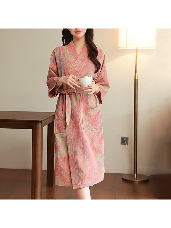 Women's Cotton Floral Midi Robe 3/4 Sleeve Belted Lightweight Sleepwear M
