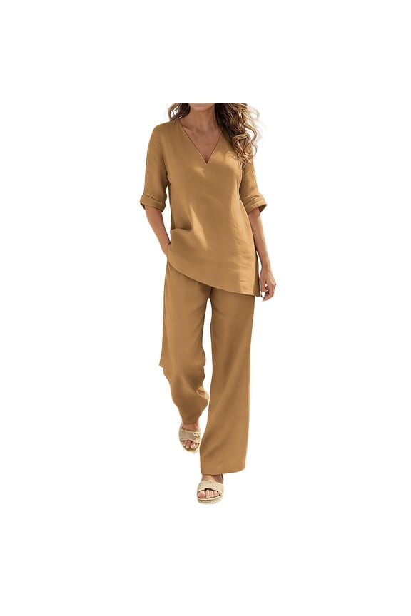 Women's Cotton Linen 2 Piece Pants Set 3/4 Sleeve V Neck Tunic Top and Wide Leg Trousers with Pockets Loose Soft Breathable Casual Summer Outfit L