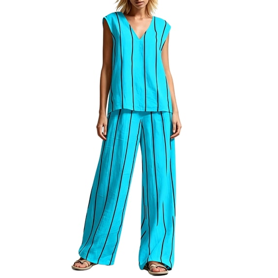 QSAWXQZ Women's Cotton Linen 2pc Outfit Sets Striped V Neck Sleeveless Tank Top Elastic Waist Wide Leg Pants with Pockets Casual for Summer 2XL