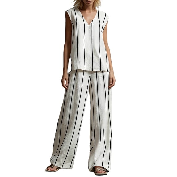 QSAWXQZ Women's Cotton Linen 2pc Outfit Sets Striped V Neck Sleeveless Tank Top Elastic Waist Wide Leg Pants with Pockets Casual for Summer 3XL