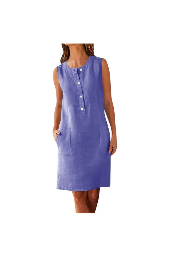 Women's Cotton Linen Look Midi Dress Sleeveless Crew Neck Button Down Solid Shift Dress with Pockets Navy 2XL