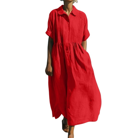 QSAWXQZ Women's Cotton Linen Shirt Maxi Dress Short Sleeve Button Down Lapel Pleated Front Casual Loose Dress for Summer M