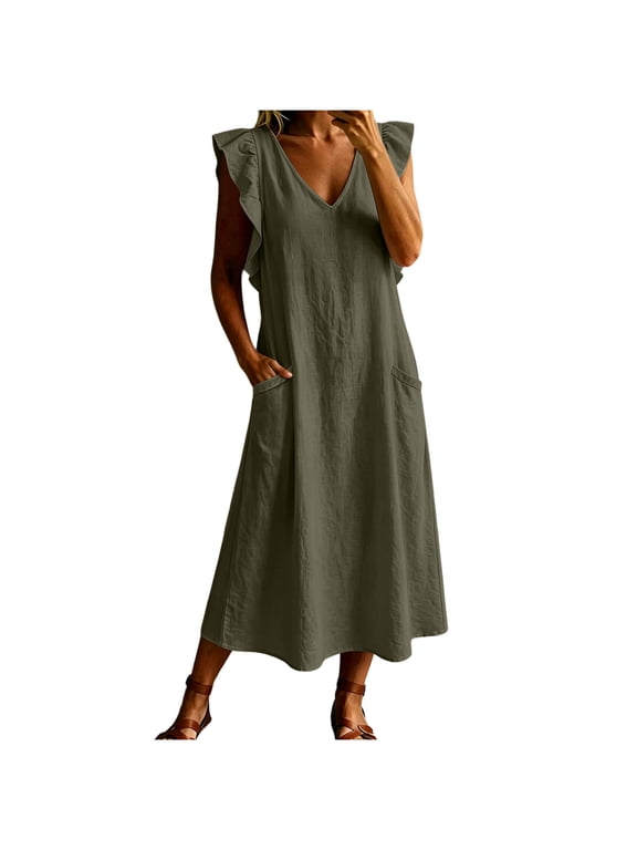 Women's Cotton Linen Style Dress V Neck Flutter Cap Sleeves Maxi Casual Dress with Pockets Flowy Casual Lightweight Sundress XL