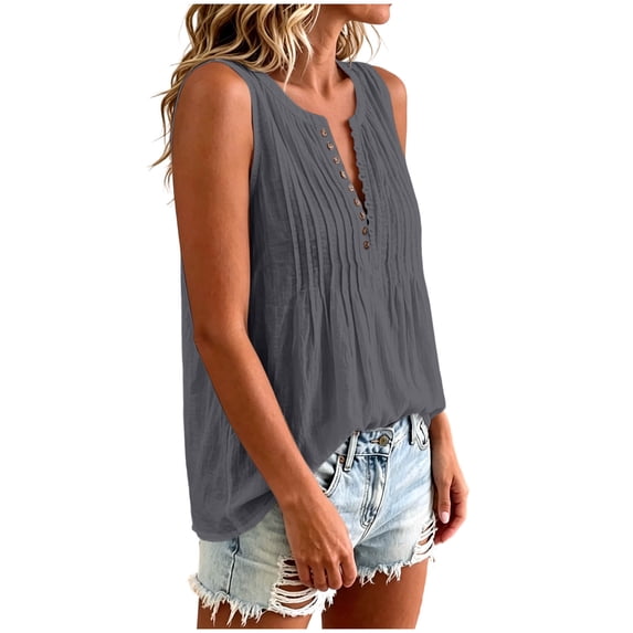 QSAWXQZ Women's Cotton Linen Tank Tops V Neck Button Front Pleated Sleeveless Casual Blouse M