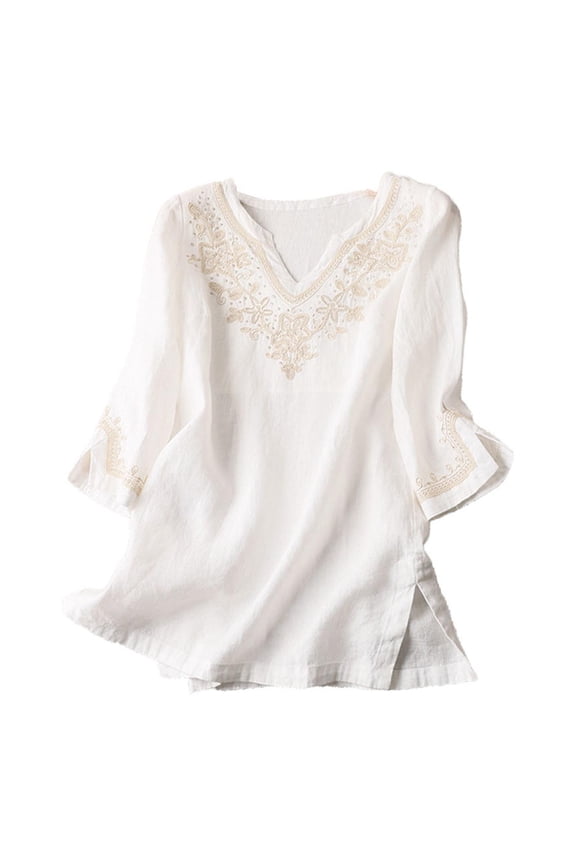 Women's Cotton Linen Tunic Blouse 3/4 Sleeve V Neck Floral Embroidered Loose Side Slit Lightweight Casual Top for Summer White XL