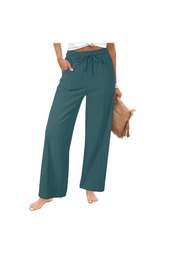 Women's Cotton Linen Wide Leg Pants with Pockets High Elastic Waist Drawstring Casual Trousers Relaxed for Summer Beach and Daily Wear Mint Green 2XL