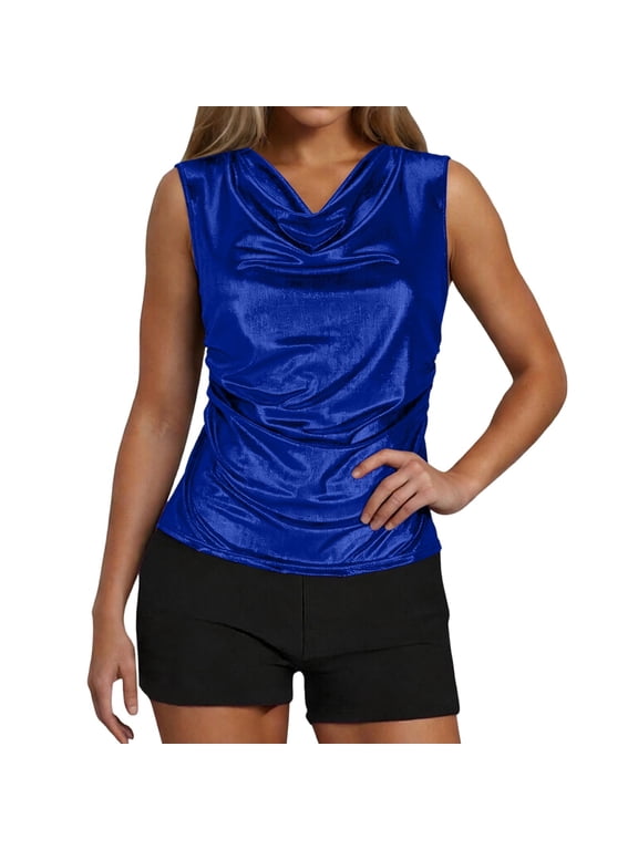 Women's Cowl Neck Tank Top Sleeveless Side Ruched Slim Stretchy Lightweight Solid Party Blouse Evening Wear 2XL