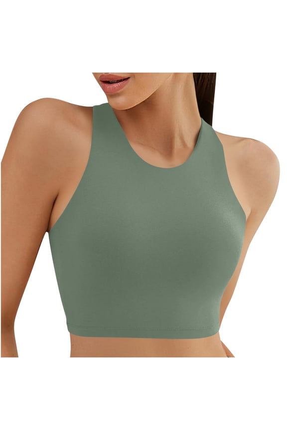 Women's Crew Neck Bikini Top Solid Athletic Racerback Sleeveless Padded Top Stretchy Tummy Control Swimwear for Surfing Olive Green L