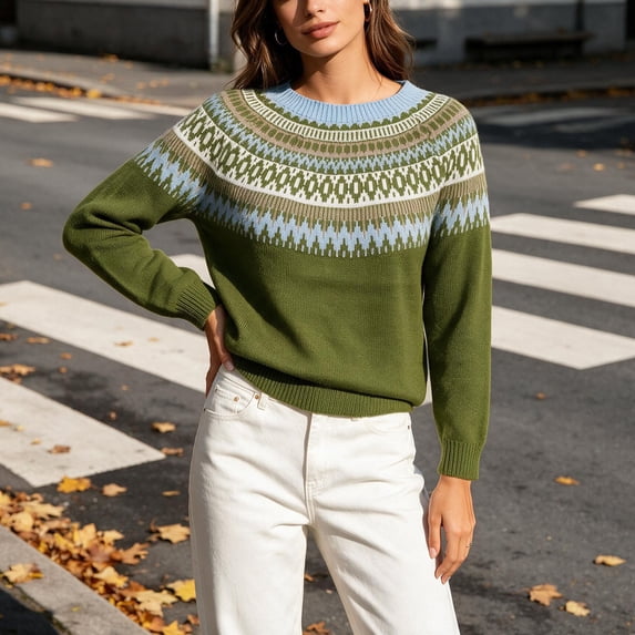 QSAWXQZ Women's Crewneck Sweater Long Sleeve Color Block Fair Isle Jacquard Pullover Casual Knit Top S