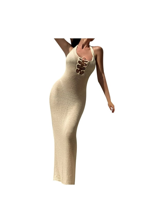 Women's Crochet Knit Maxi Dress Halter Neck Sleeveless Bikini Cover Up for Vacation Beach Beige M