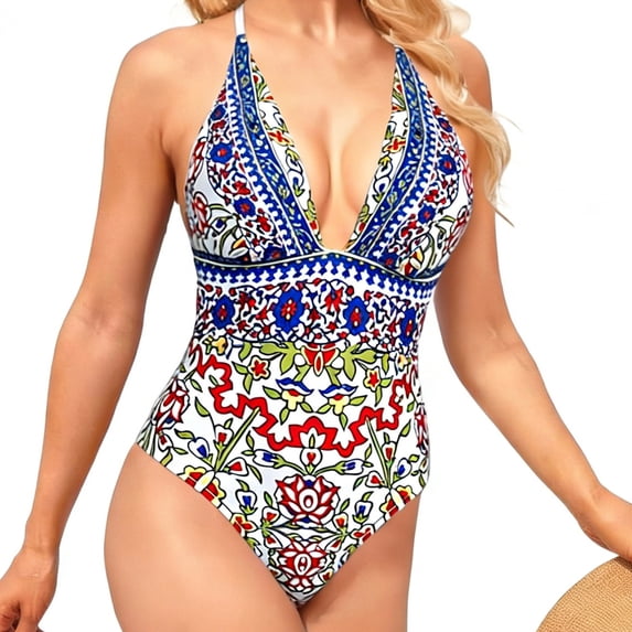 QSAWXQZ Women's Deep V Neck Boho Floral Print One Piece Swimsuit Halter Tie Sleeveless Open Back High Cut Bathing Suit for Summer Holiday L