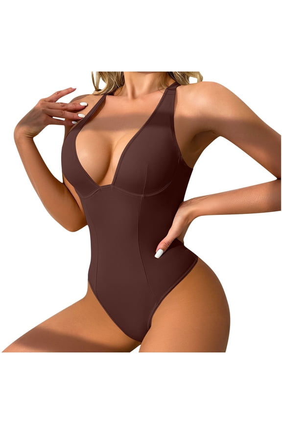 Women's Deep V Neck Seamless Bodysuit Halter Neck Open Cross Back Shapewear Tummy Control Thong Leotard with Adjustable Straps for Party Outfits S