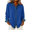 thumbnail image 1 of QSAWXQZ Women's Denim Panel Button-up Shirt Long Sleeve Lapel Collar Cardigan Top for Spring Blue S, 1 of 7