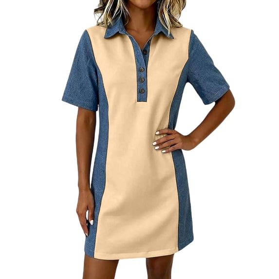 QSAWXQZ Women's Denim Patchwork Shirt Dress Quarter Button Lapel Collar Short Sleeve Mini Dress 2XL