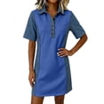 thumbnail image 1 of QSAWXQZ Women's Denim Patchwork Shirt Dress Quarter Button Lapel Collar Short Sleeve Mini Dress S, 1 of 9